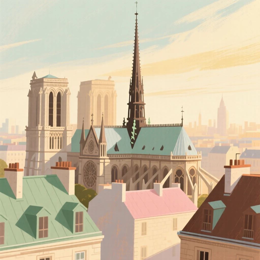 The spires of Notre-Dame rising above the rooftops of Paris