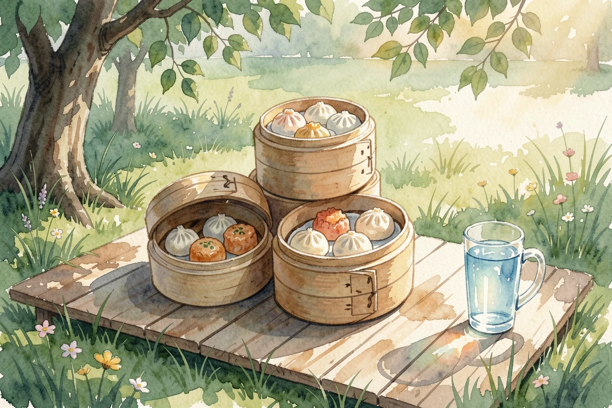 A plate of dim sum in bamboo steamers at a picnic in a green park with sunlight catching the glass.