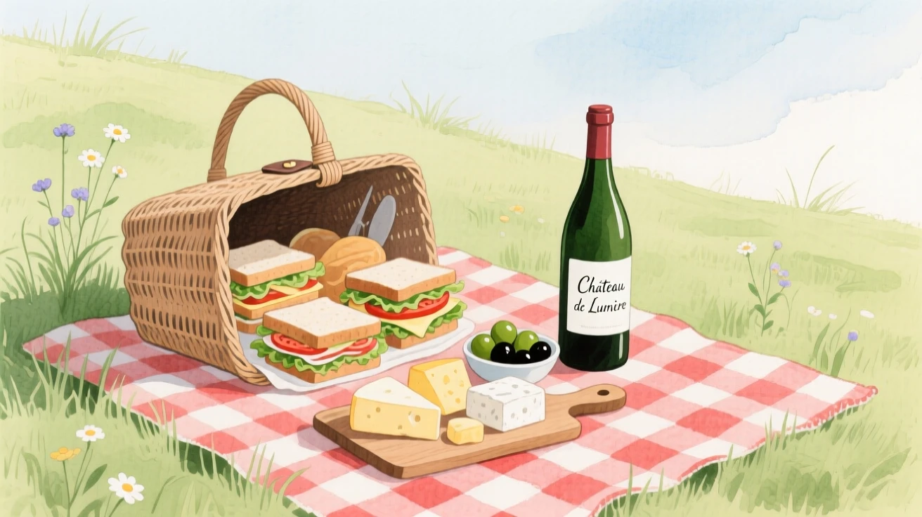 A picnic basket spills open with sandwiches, cheese, olives, and a bottle of wine on a checkered blanket in a meadow