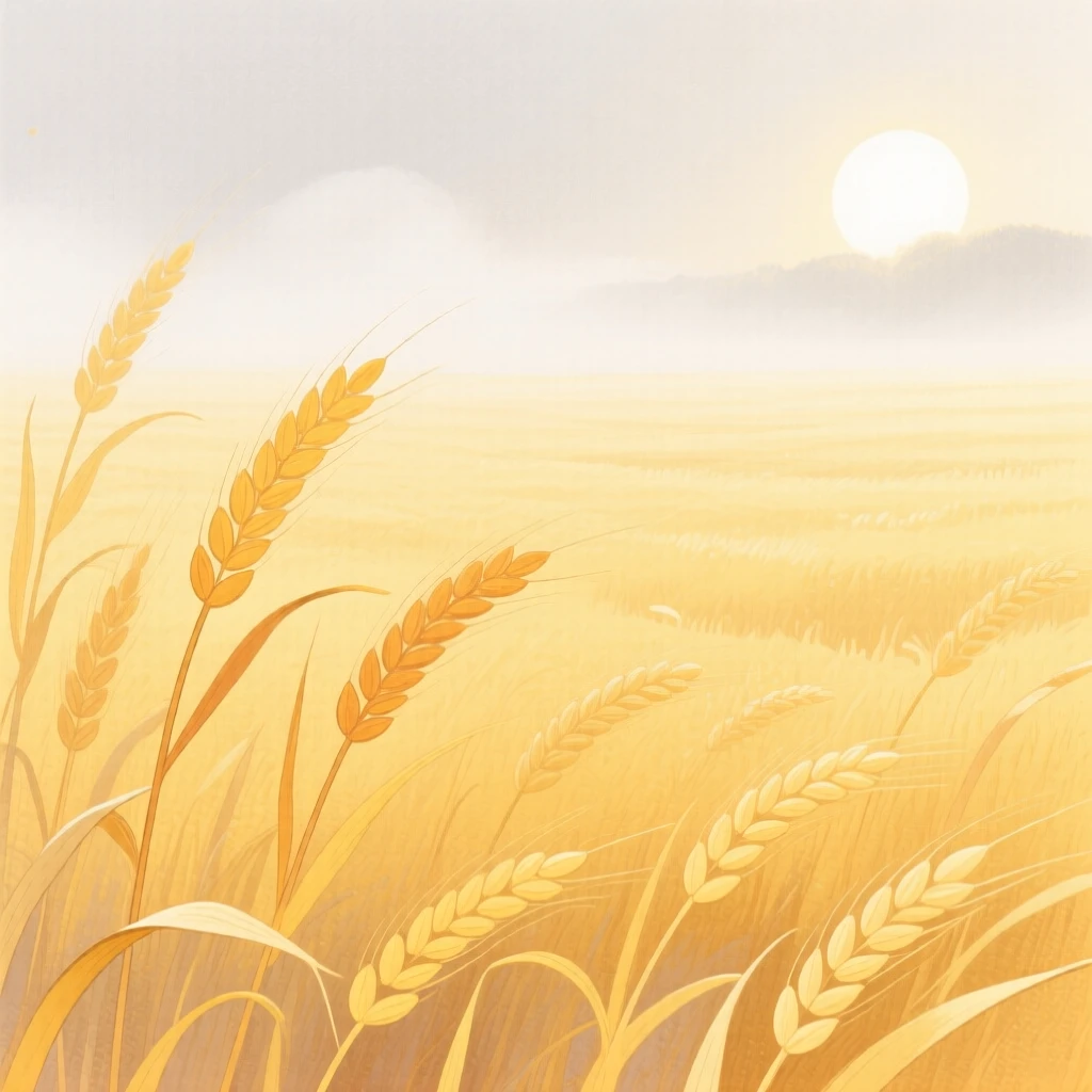 A golden wheat field swaying in the breeze bathed in warm light under a soft blanket of fog.