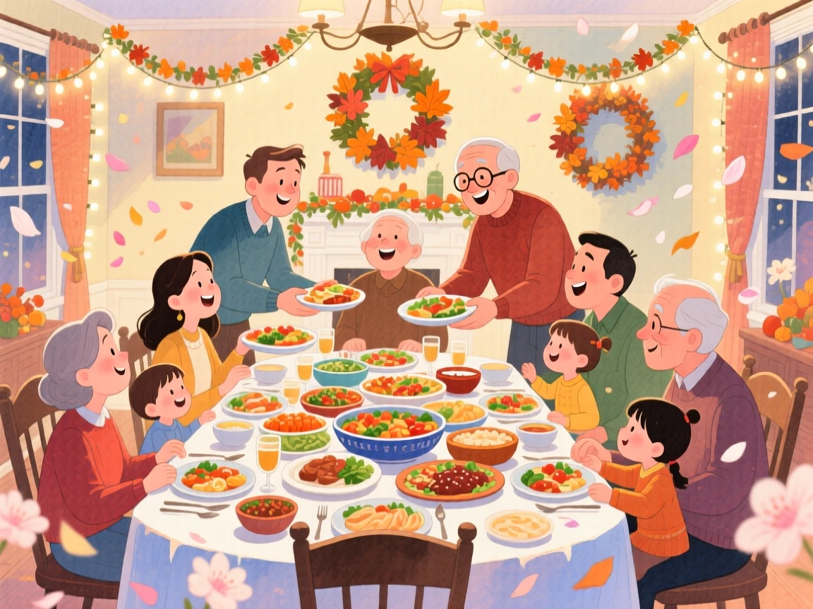 A big family gathered for a holiday dinner passing dishes around the table, in a festively decorated dining room, with flower petals drifting through the air, gratitude and warmth of togetherness.