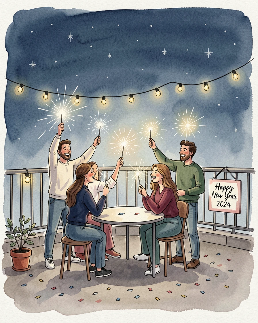 A New Year's celebration with sparklers lighting up a rooftop gathering, small decorative details adding charm throughout.