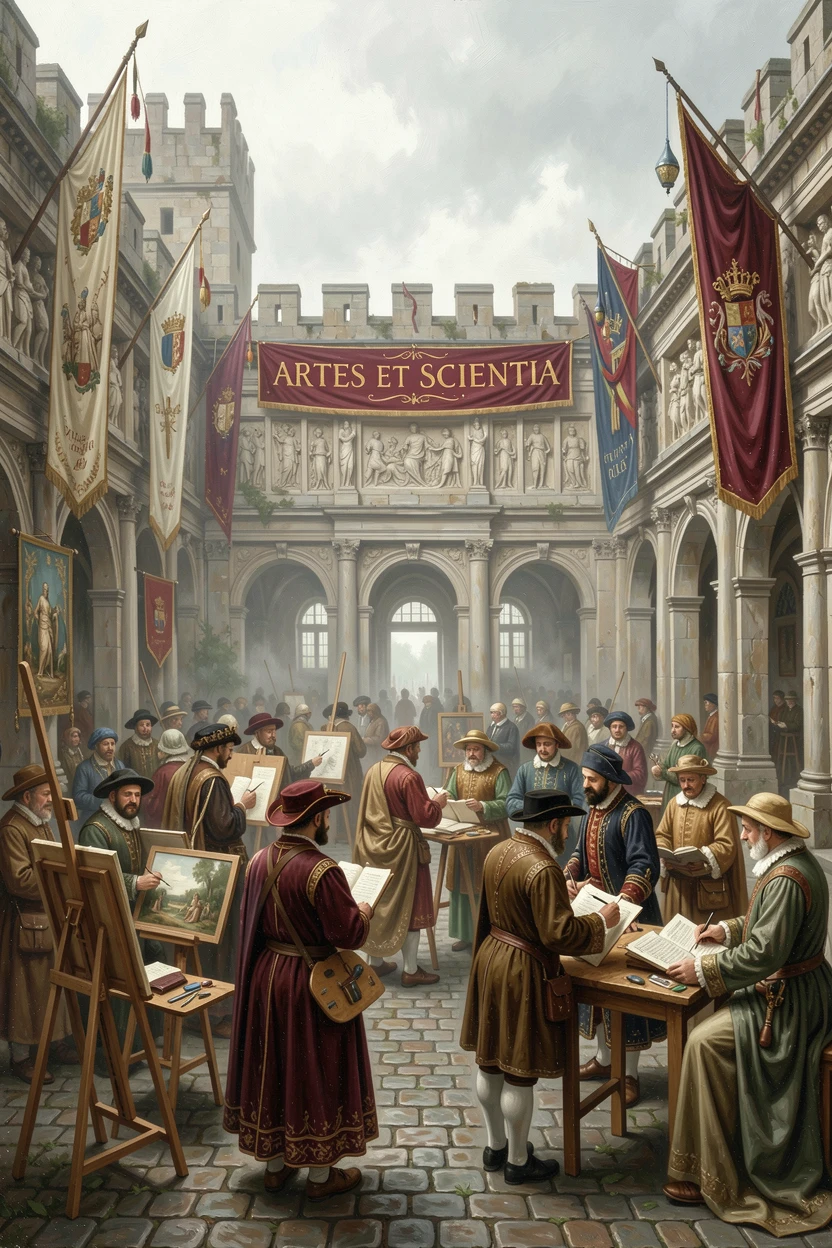 A grand Renaissance courtyard filled with artists and scholars, banners fluttering from the rooftops above, beneath towering stone city walls, on a misty, overcast morning.