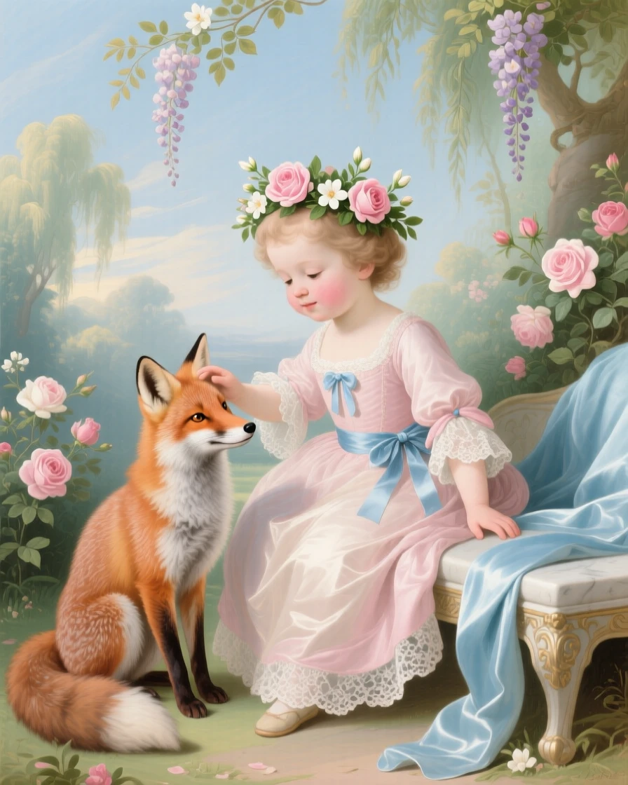 A child representing friendship, sharing a flower crown with a small fox  
