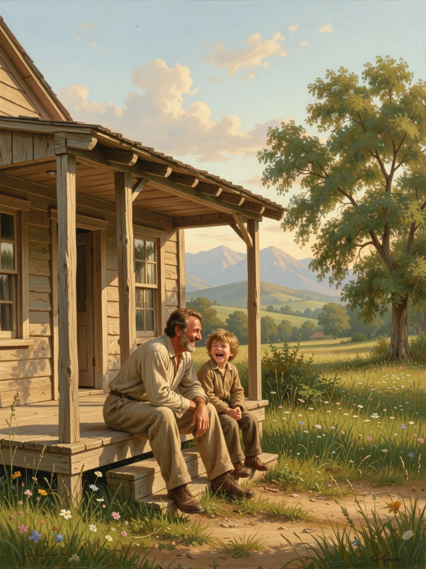 A father and son rest together beside a sunlit farmhouse porch as laughter fills the air.