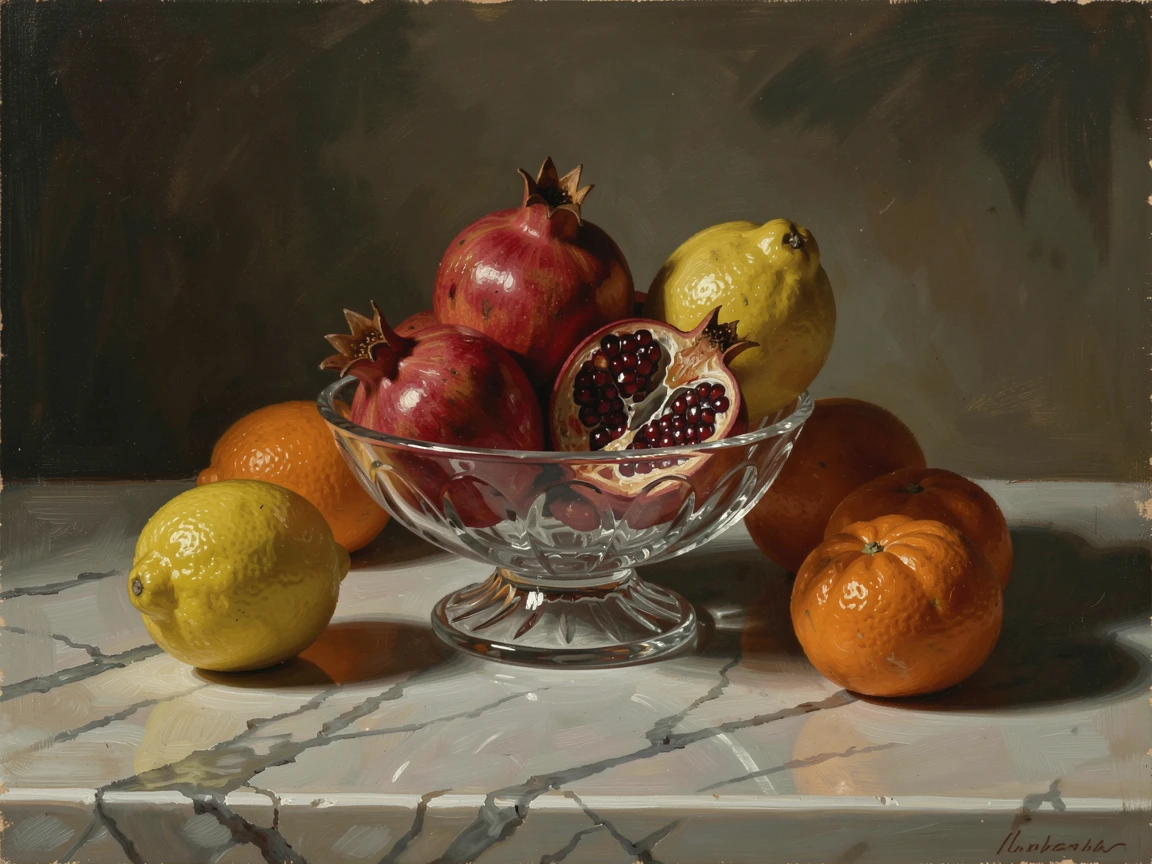 A crystal bowl of pomegranates and citrus arranged on a marble counter, captured with meticulous attention to material and craftsmanship, radiating warmth, richness, and understated opulence