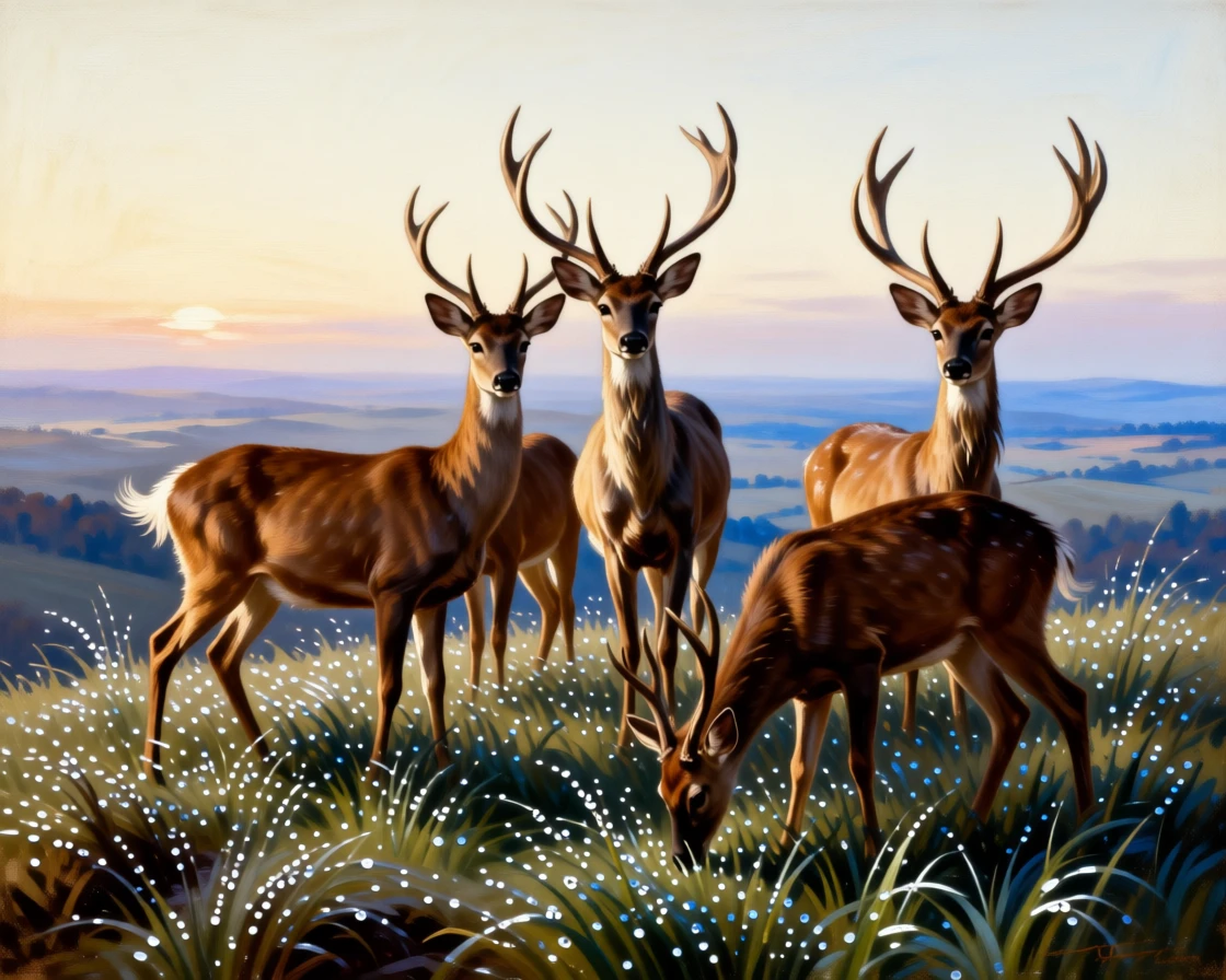 A family of deer grazing quietly in a dew-covered meadow at dawn as instinct and elegance move in perfect harmony, set atop a windswept ridge overlooking a vast, open landscape, with feathers, fur, or manes catching the light in fine, luminous detail; a low, respectful vantage point lends the creature quiet majesty, radiating peace, freedom, and untamed beauty.