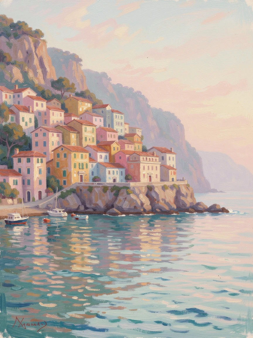 A quiet harbor town built into a cliffside, colorful houses stacked above turquoise water in the Mediterranean, in the gentle hush of early morning.