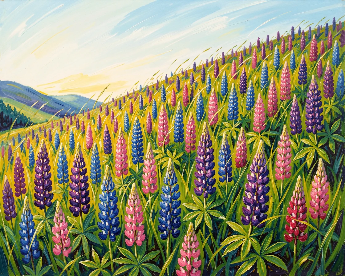 A hillside meadow of wild lupines in full bloom beneath a clear spring sky.