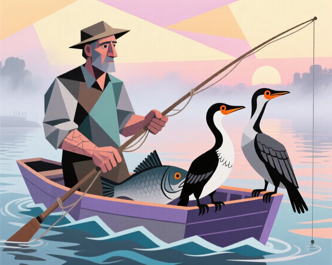 A fisherman working alongside trained cormorants on a misty river at dawn.