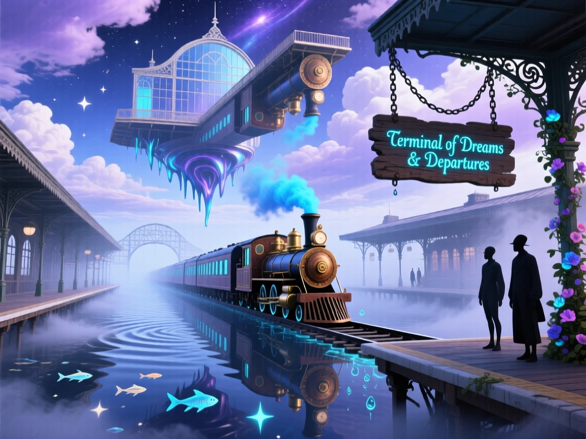 A train station with platforms suspended in mist reflects a version of itself upside down in the clouds, while its reflection ripples across a sky full of water.