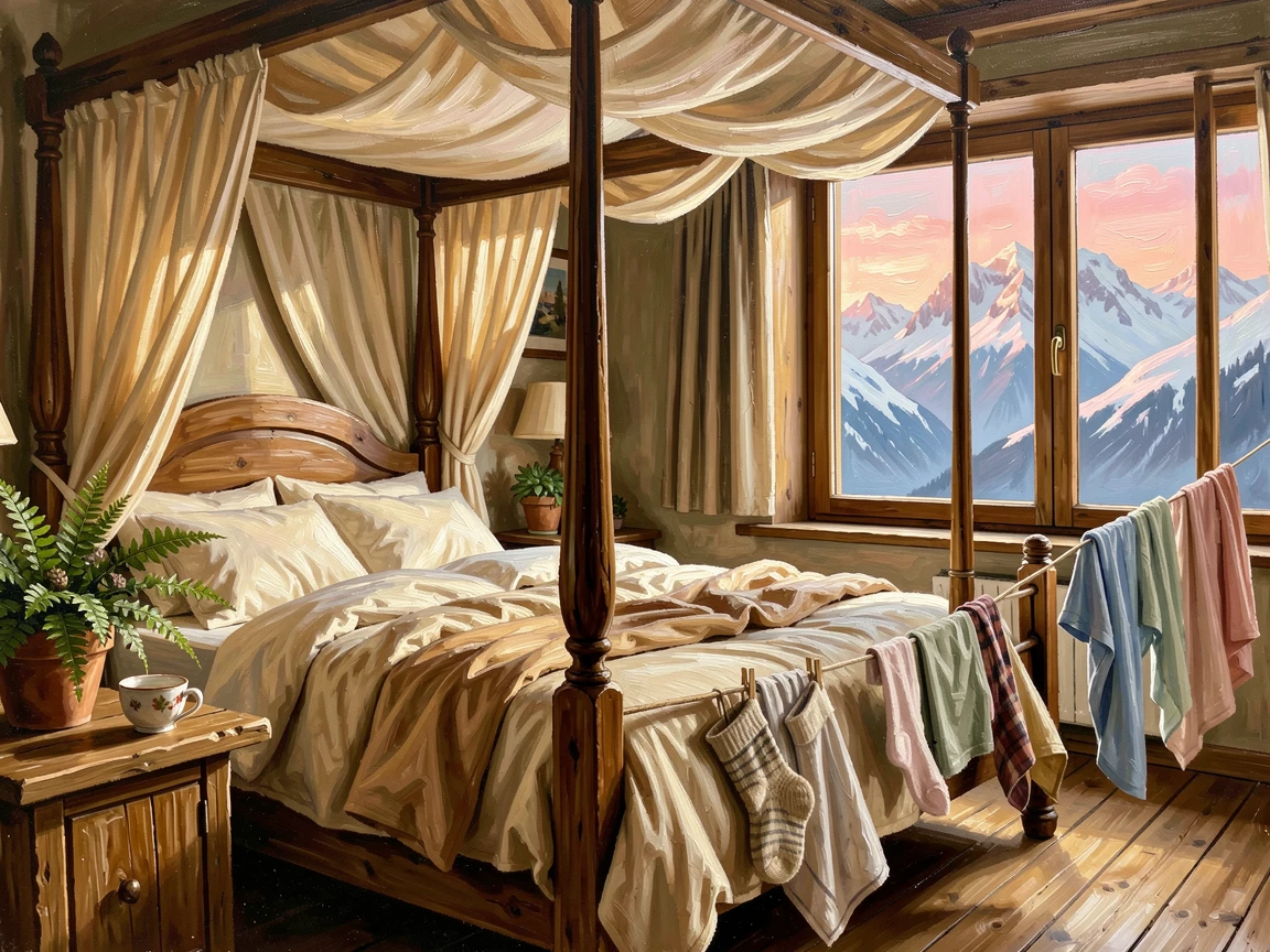 A cozy Swiss chalet bedroom shows a four-poster bed draped in soft linens, a window revealing snow-capped peaks glowing pink at sunrise, small everyday details, like drying laundry or potted plants, giving the scene a lived-in warmth.