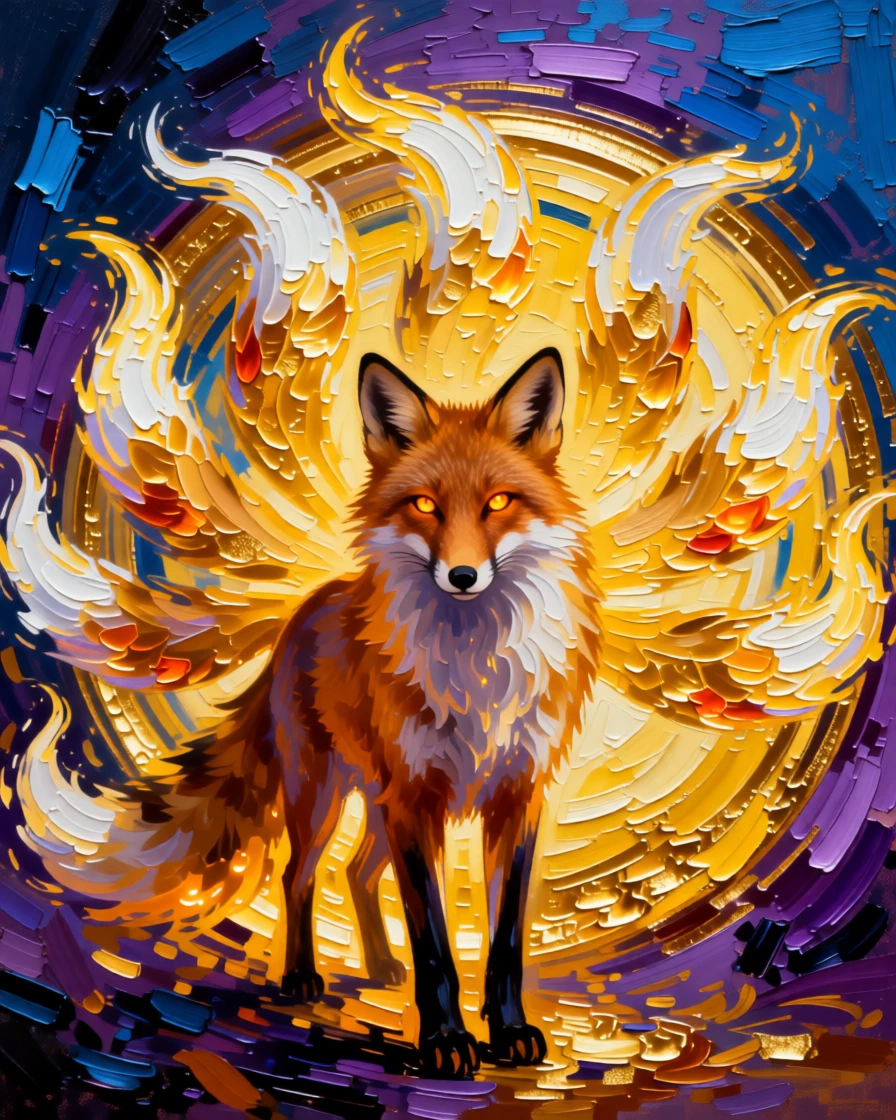 a spirit fox with nine glowing tails emerging from a portal of swirling golden light
