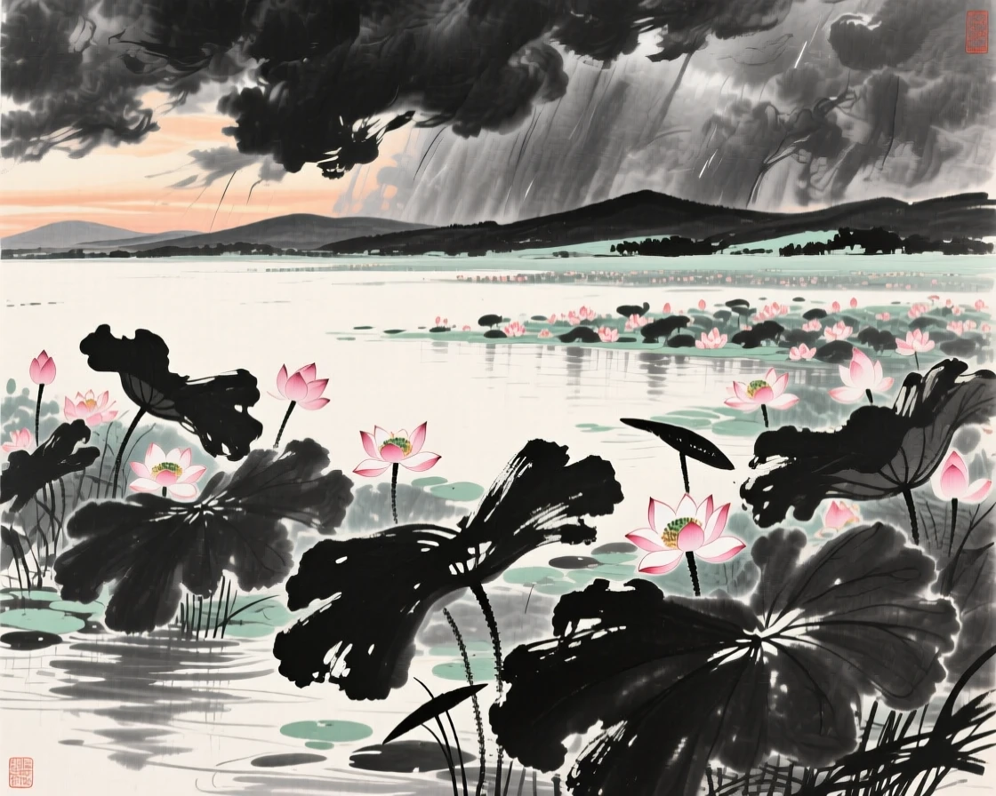 A wide lotus pond blooms fully beneath the height of summer sun, with dark clouds building over the distant ridgeline.