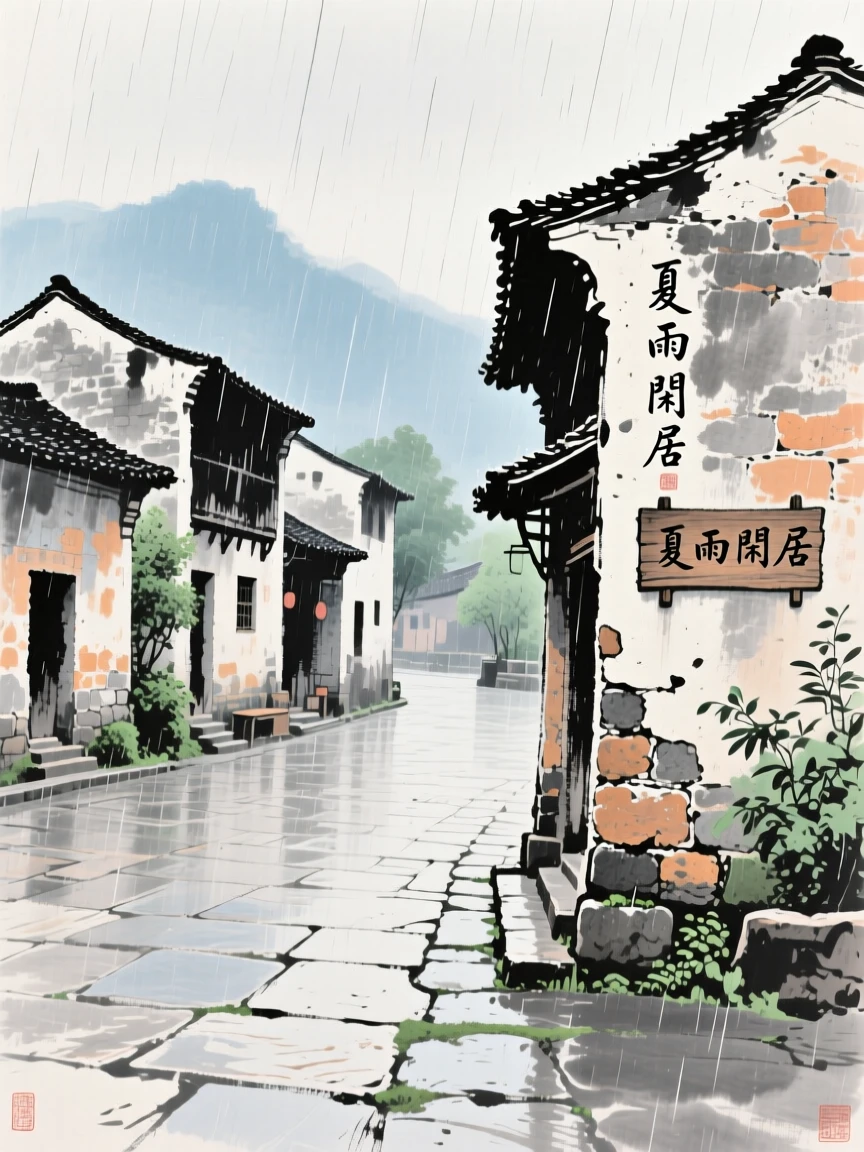 A quiet village square lined with old stone houses, as summer rain begins to fall, imbued with timeless calm.