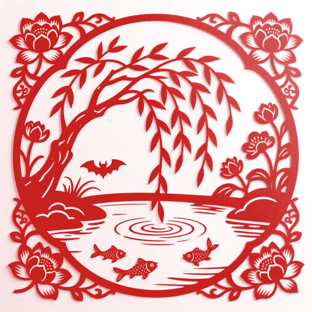 A willow branch trailing over a garden pond, slender leaves brushing the water's still surface