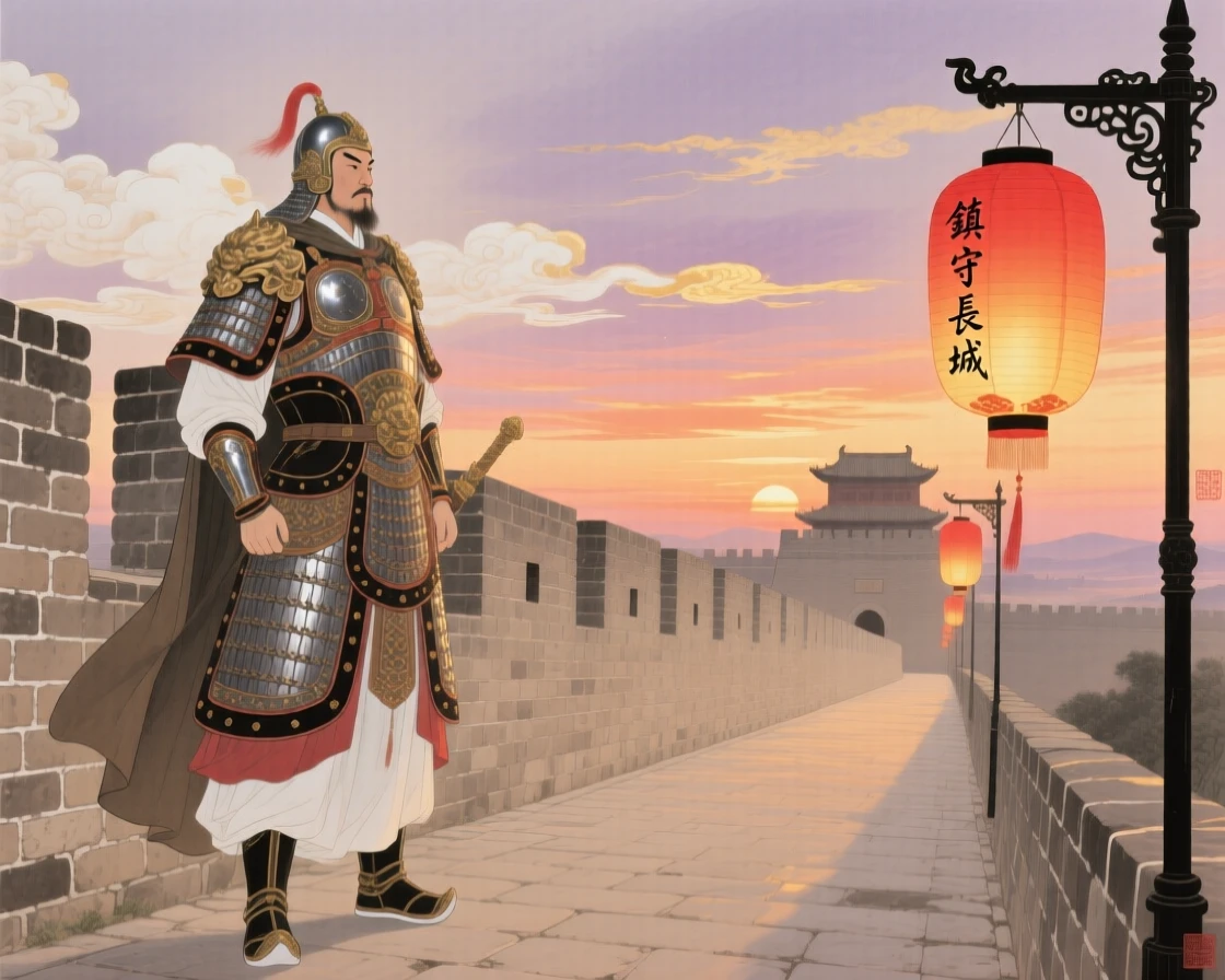 A general in ceremonial armor standing atop a fortress wall at sunset, with lanterns lighting the path ahead