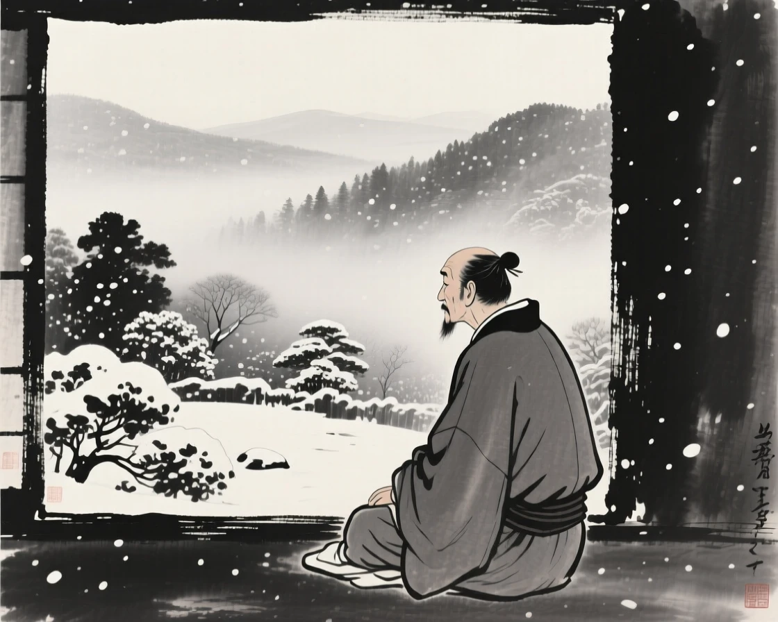 A poet seated in quiet thought gazing out over a misty valley in a quiet garden beneath falling snow, framed intimately, focusing on quiet gesture and expression, carrying a tender sense of familial warmth.