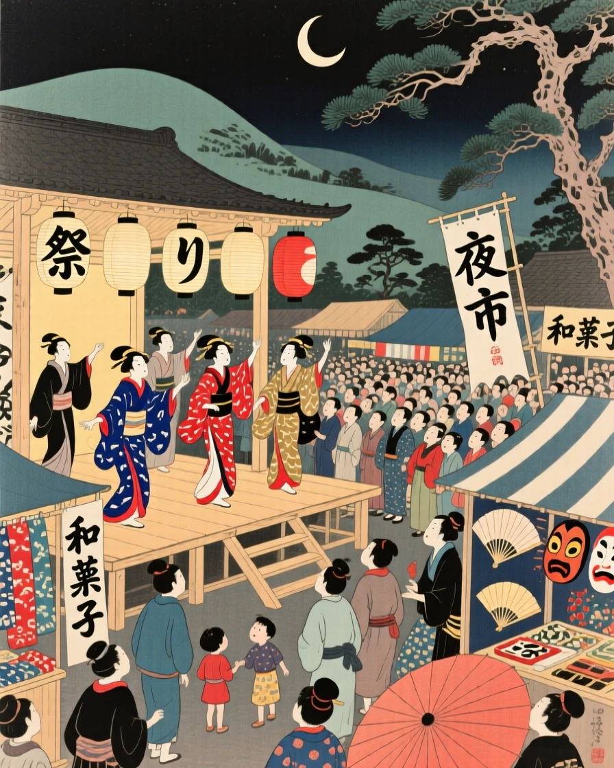 A crowded night market performing an energetic routine on a raised stage.
