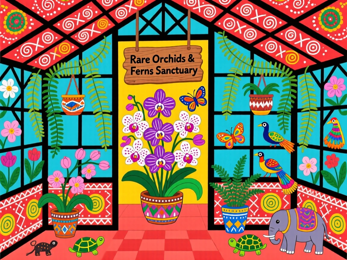 A greenhouse filled with rare orchids and trailing ferns.