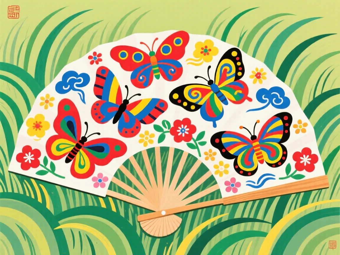 A group of colorful butterflies resting on an open fan left in the grass.