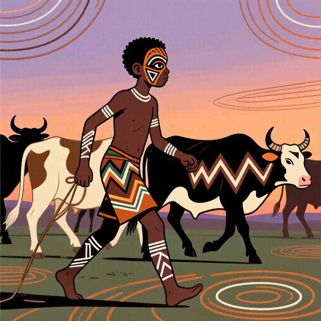 A teenage boy herding cattle at dusk.