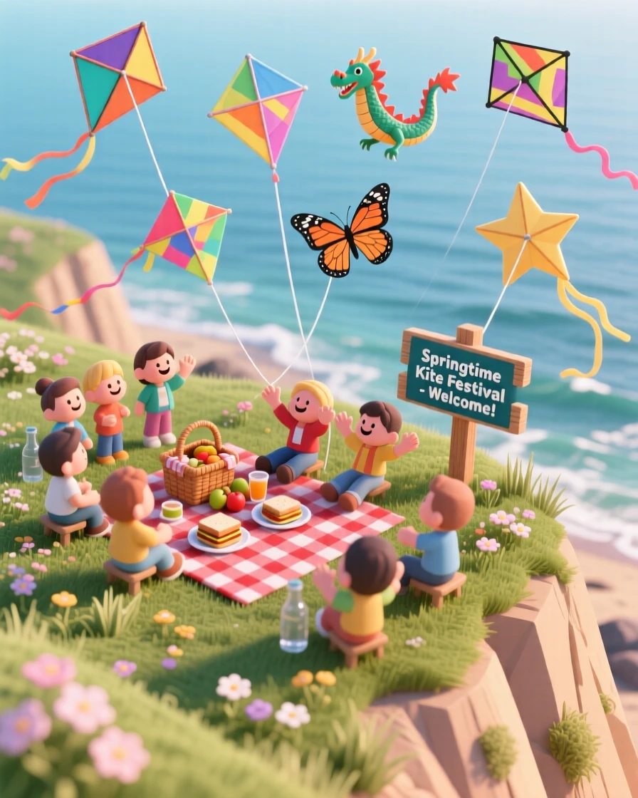 A springtime kite festival on a coastal bluff, colorful kites of every shape dotting the sky above a picnic gathering.