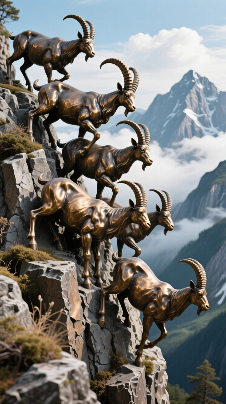 A herd of ibex balanced on a near-vertical cliff face, framed by dramatic natural scenery, evoking wonder and majesty