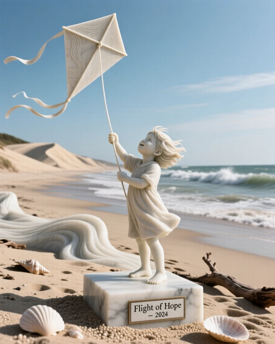 A vivid, emotionally rich scene of a kite flying high above a windswept beach, captured with cinematic depth and detail, designed to captivate and inspire