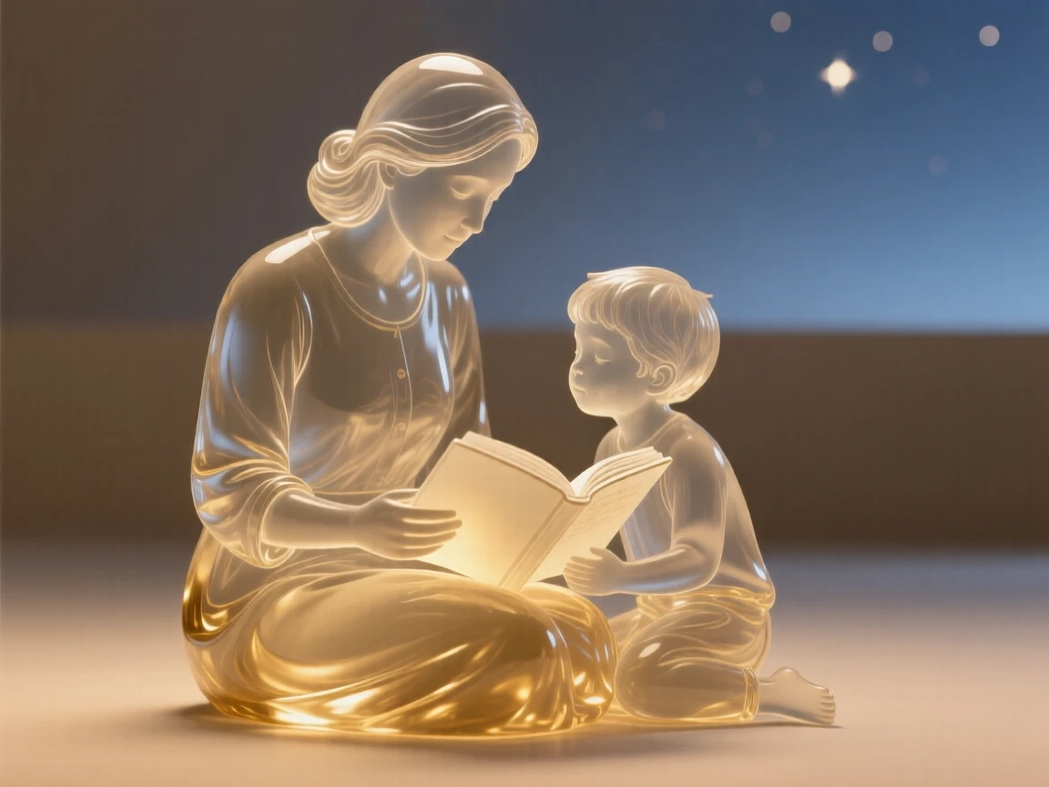 A mother reading a bedtime story to her child by lamplight as the first stars begin to appear overhead, while a warm light settles over the whole scene