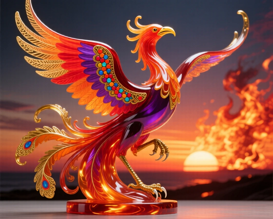 A grand phoenix rising triumphantly from a blazing sunset horizon, transformative and radiant.