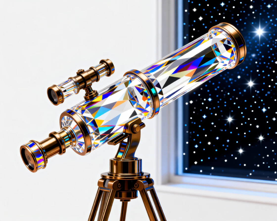 A vintage brass telescope pointed toward a starry window view.