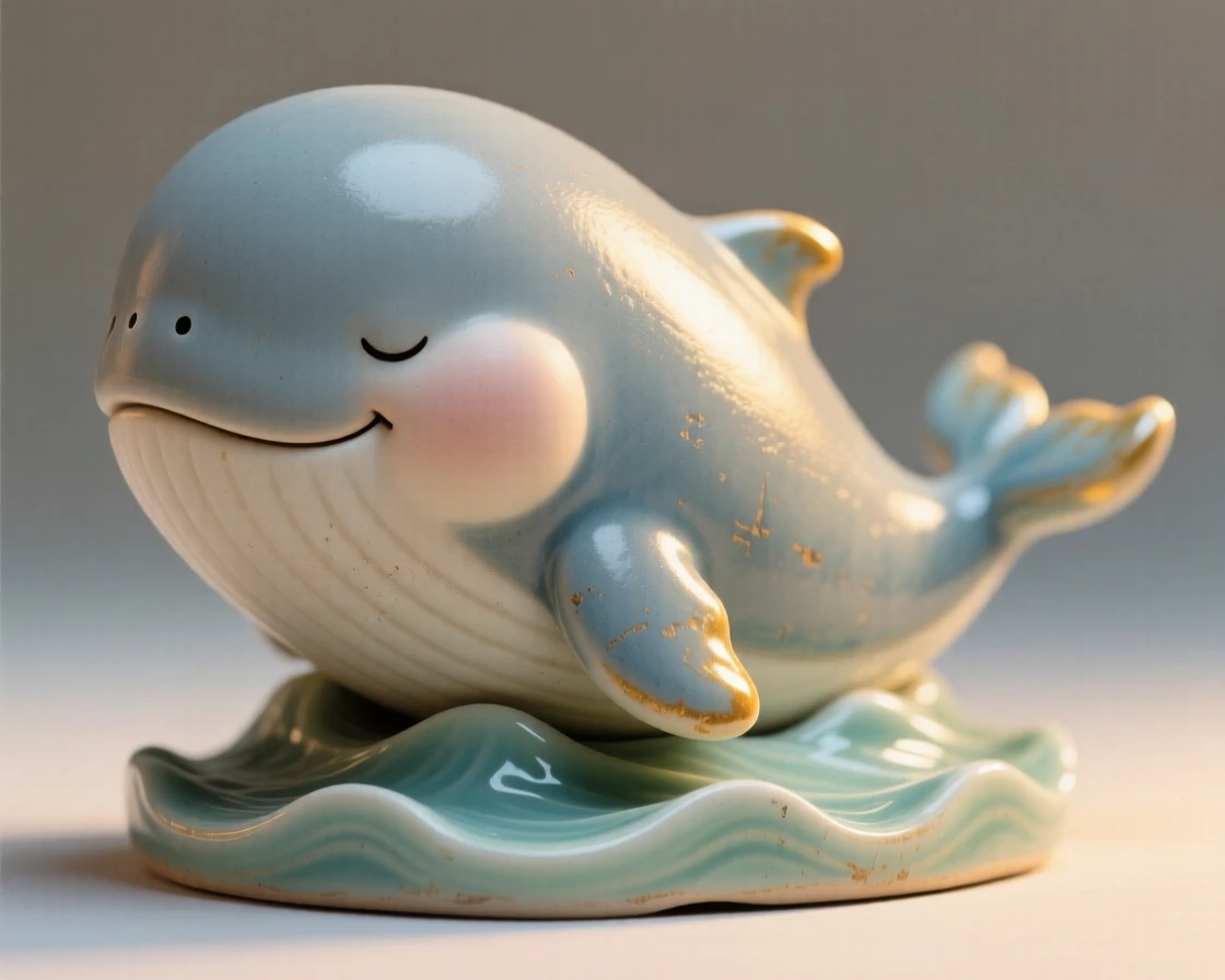 A chubby baby whale breaching playfully curled up in a picture of sleepy contentment, haloed by warm, gentle light, stirring an overwhelming urge to smile.