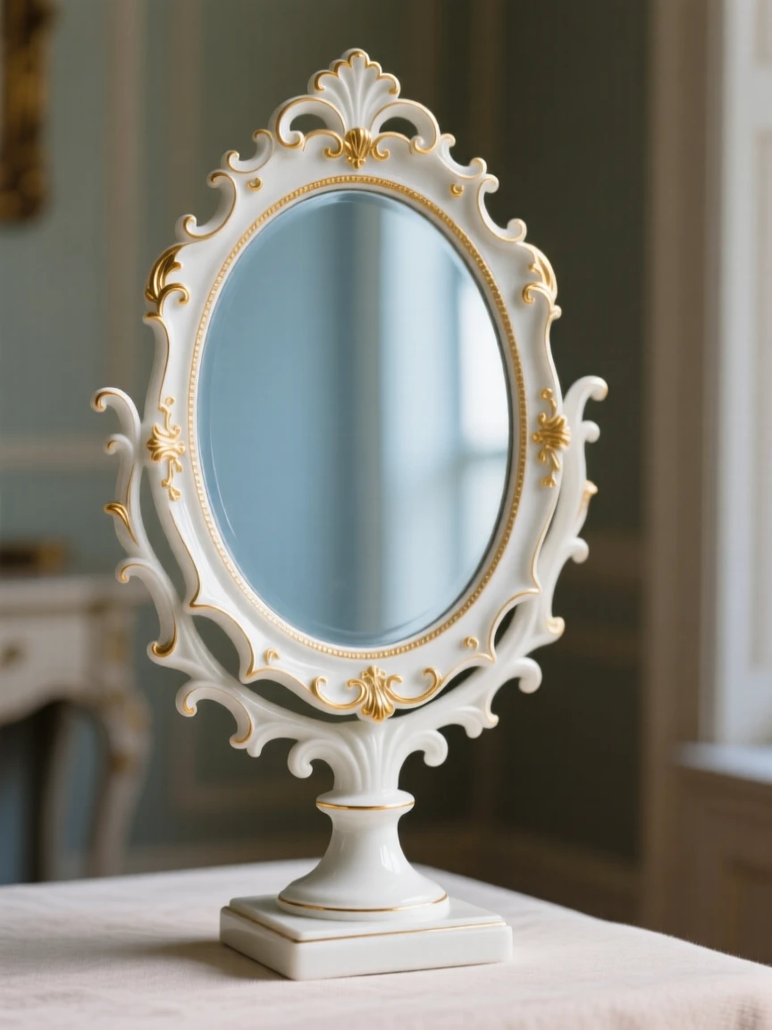 An elegant ornate hand mirror with a gilded frame, displayed as the centerpiece of a quiet room.
