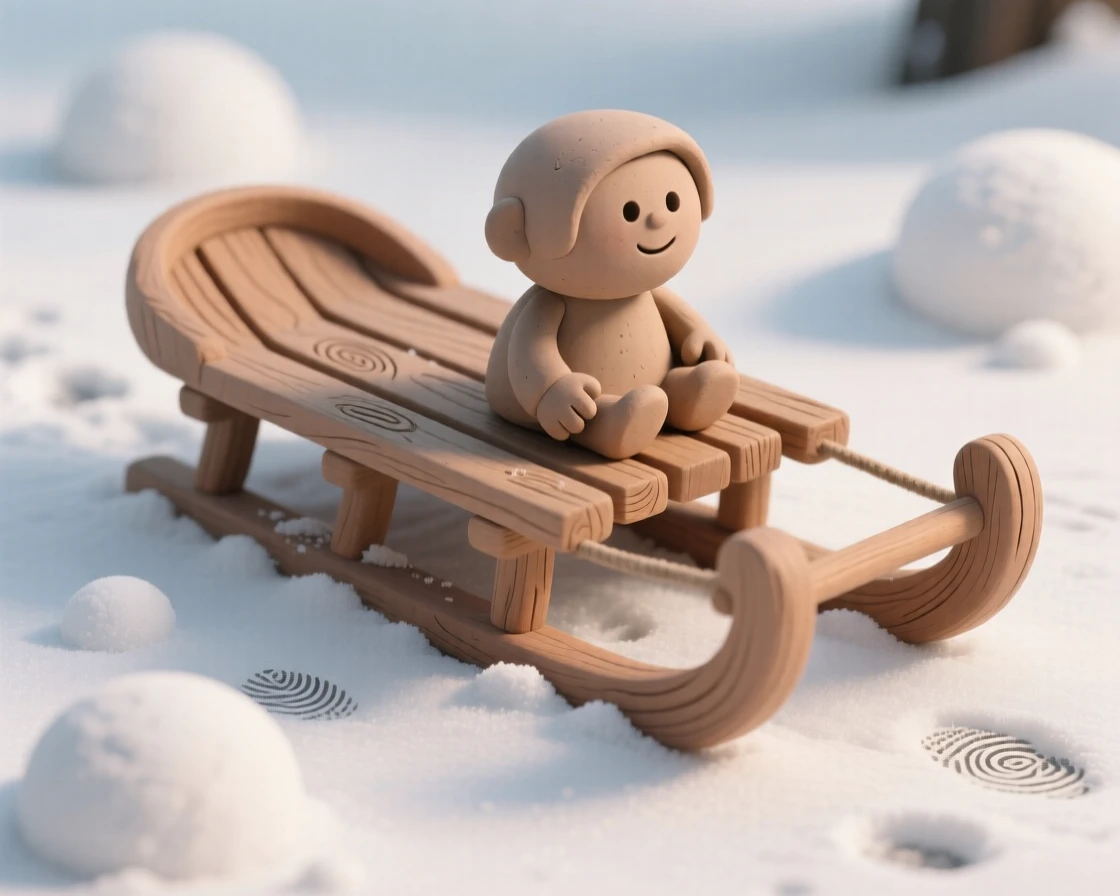 A traditional Nordic wooden sled resting in fresh snow