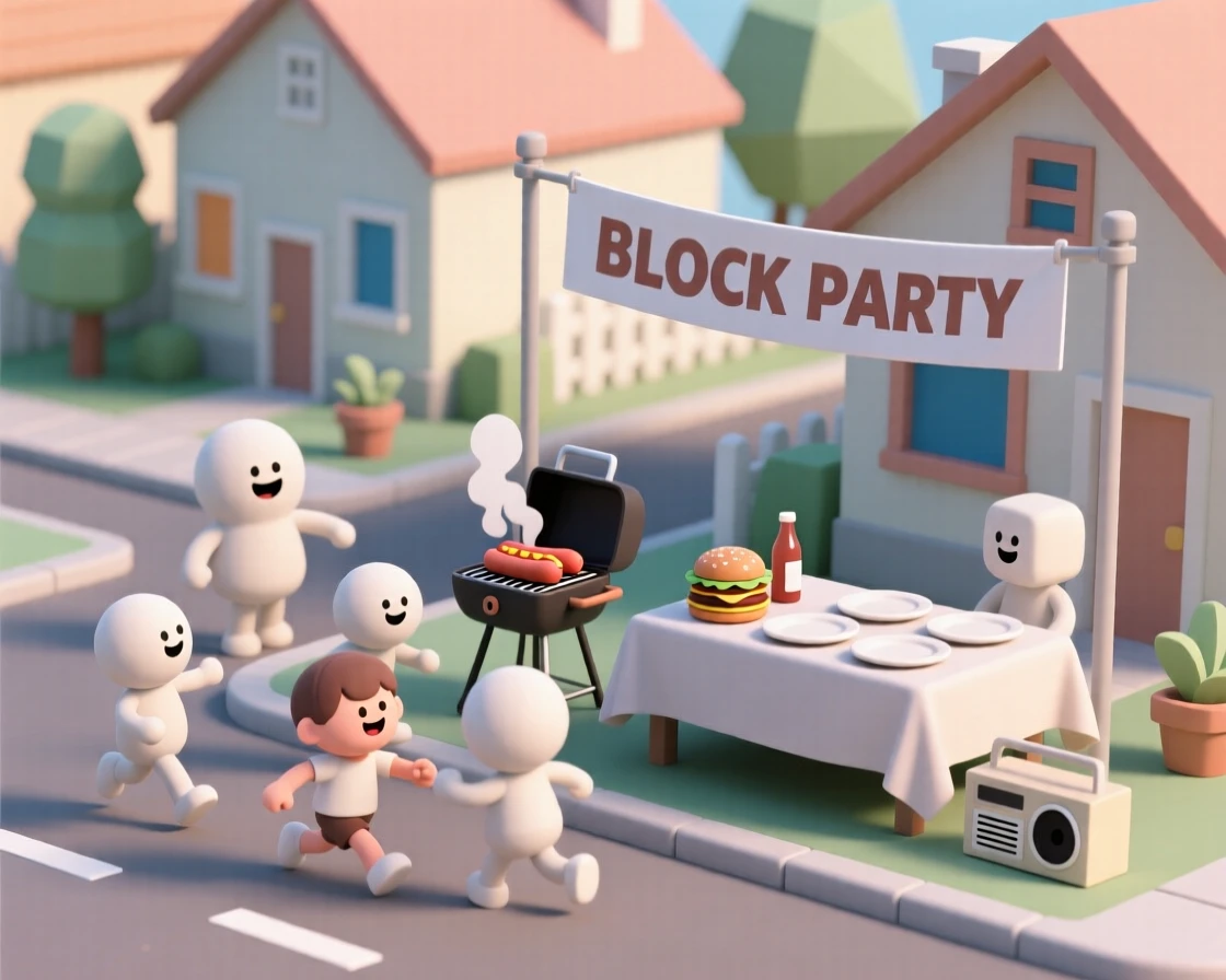 A cheerful neighborhood block party fills a closed-off street with grilling food, music, and children playing tag.