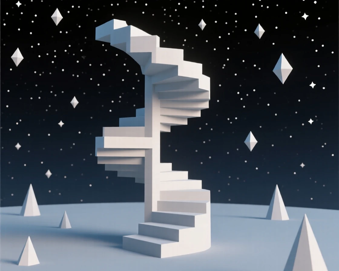 A surreal staircase spiraling into a starry void, beneath the soft glow of distant galaxies. rich color gradients enhance the dreamlike atmosphere. A gentle, surreal beauty fills the composition.