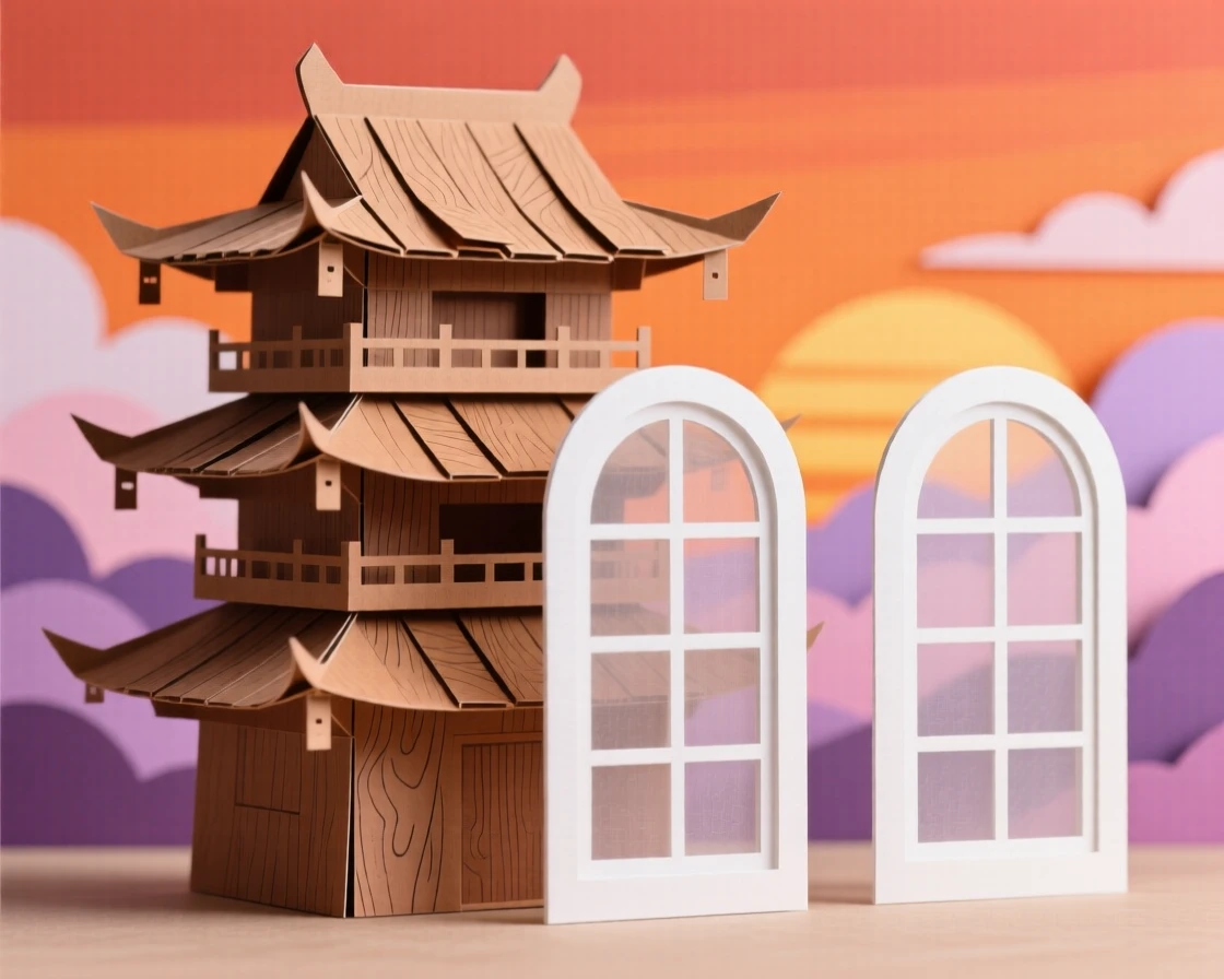 A traditional wooden pagoda set against a vivid sunset sky, with tall arched windows framing the view, capturing a sense of awe and craftsmanship.