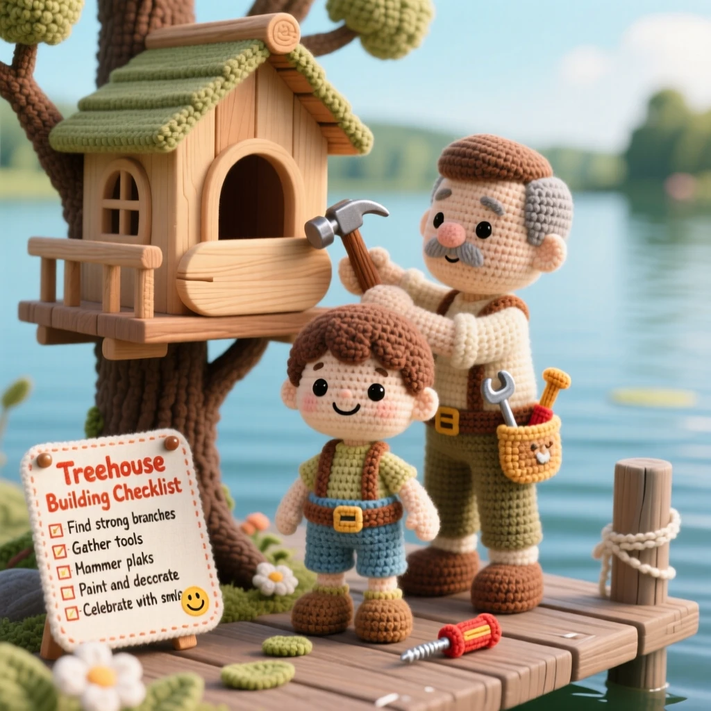 A cheerful scene of a small boy building a treehouse with his father both wearing tool belts, hammering a plank into place together within a peaceful lakeside dock; a cheerful checklist pinned to a board nearby, full of cheerful curiosity and hands-on delight.