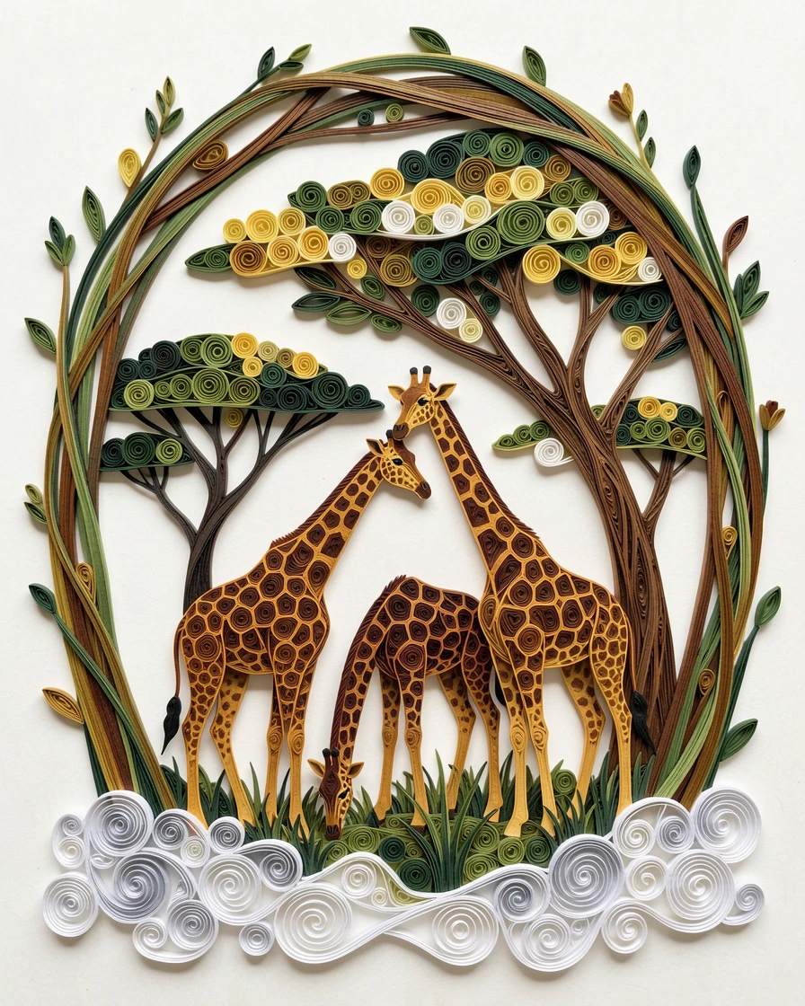 A striking wildlife scene of a family of giraffes grazing among acacia trees amid dappled light filtering through a leafy canopy, with mist rolling low across the ground, framed through a natural archway of branches.