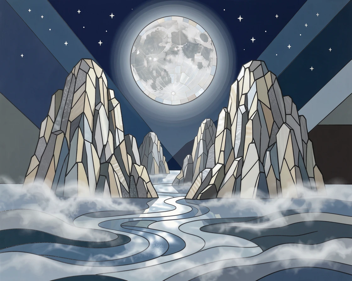 A dramatic karst limestone landscape rising from misty waters, glowing under the silver light of a full moon.