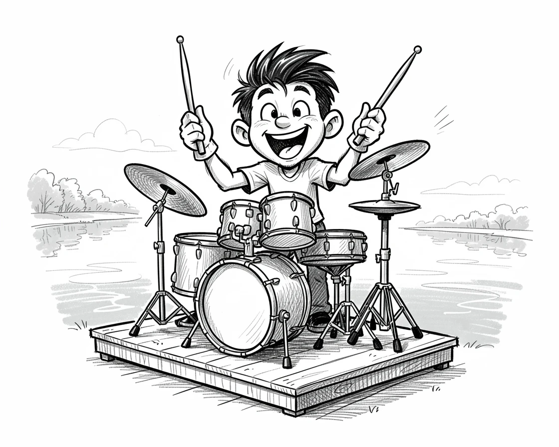 A drummer playing an upbeat rhythm on a stage beside a lake during a peaceful afternoon.