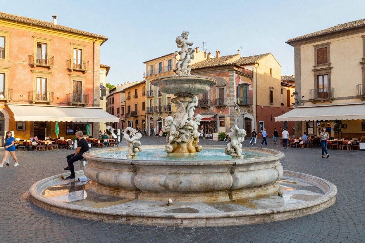 An Italian piazza fountain surrounded by historic buildings