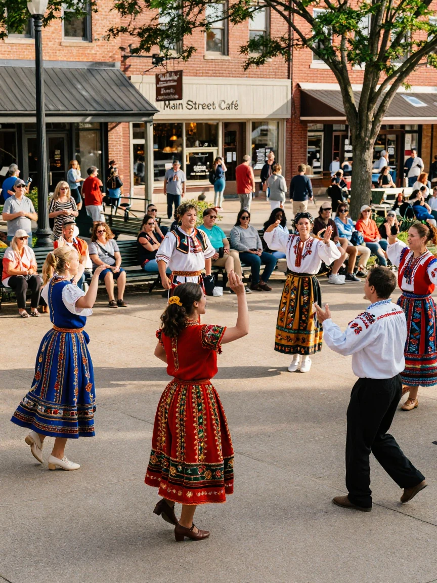 A troupe performs a traditional folk dance in bright embroidered costumes at a square.
