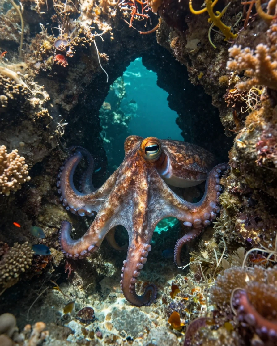 A curious octopus exploring near the entrance to a hidden sea cave