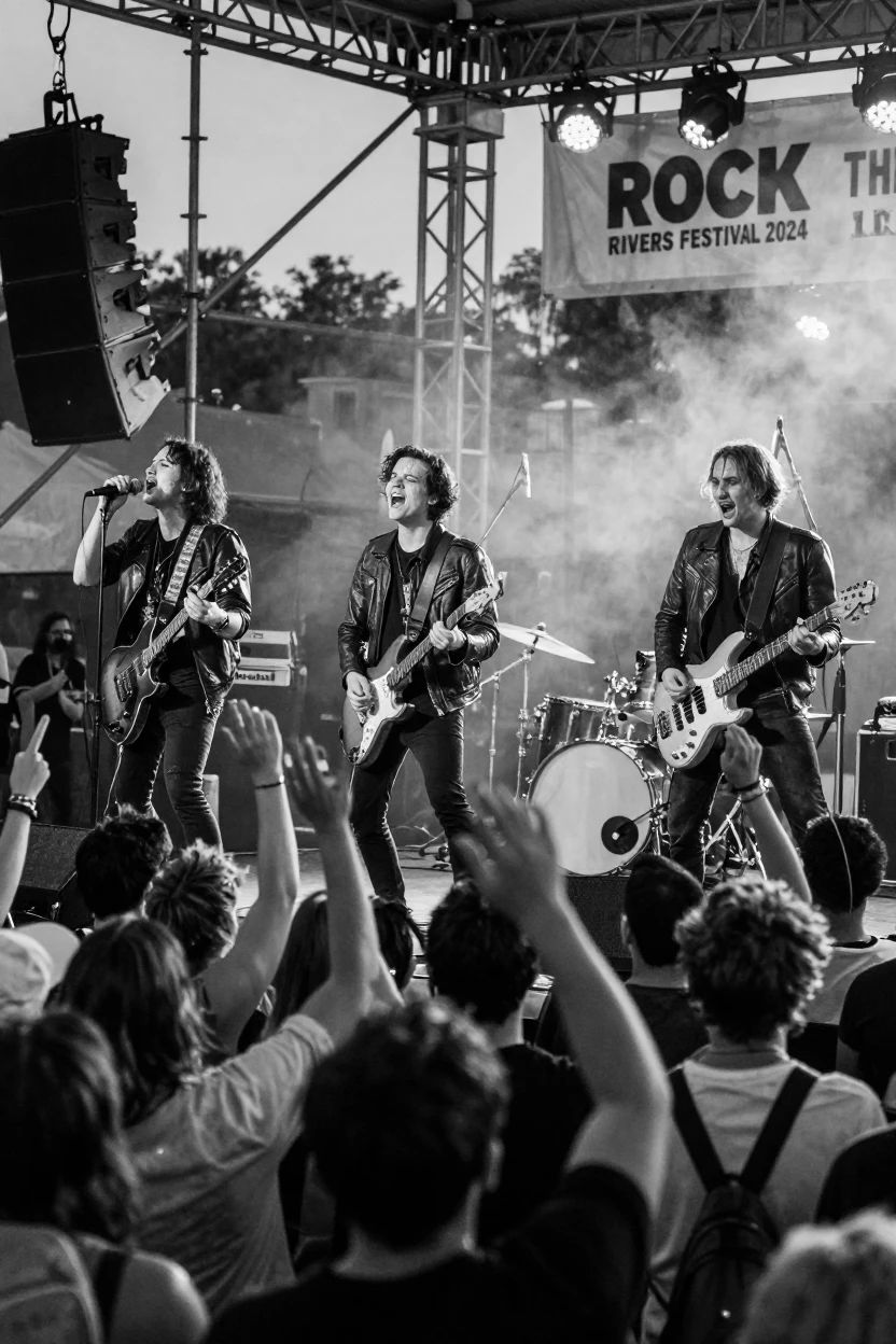 A rock band plays before a roaring crowd on an outdoor festival stage.