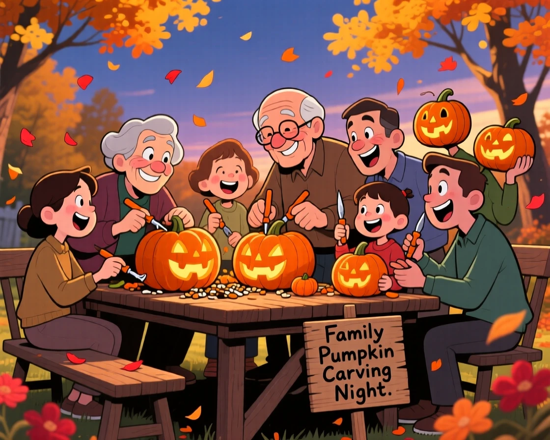 A festive celebration scene of a big extended family carving pumpkins together on a crisp autumn evening, as flower petals drift through the air.