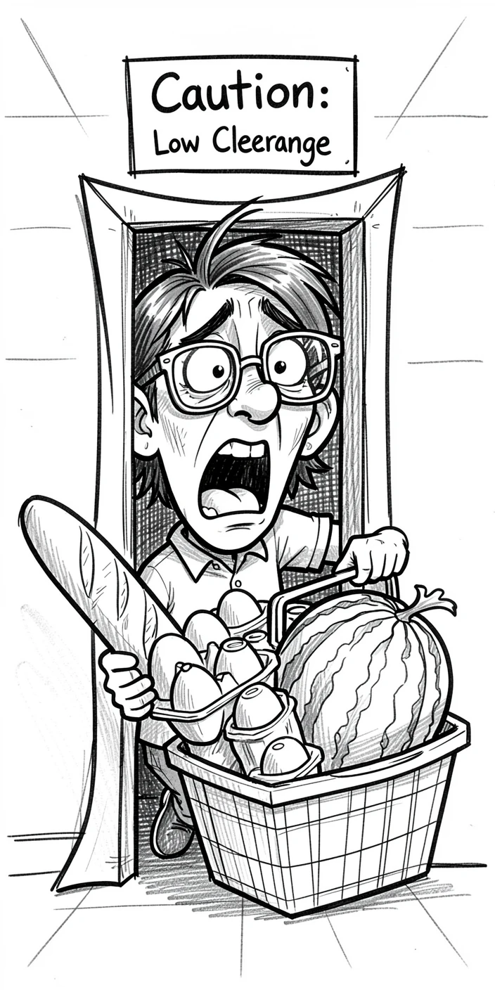 [Funny & Exaggerated Situations] Comical scene of a sheepish grocery shopper misjudging the size of a doorway, exaggerated for maximum laughs