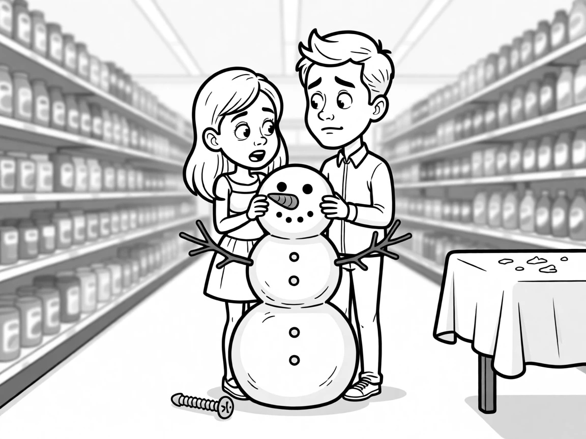 A couple building a wobbly snowman together, staring baffled at a single leftover screw, set in a bright, busy supermarket aisle. Cake crumbs are scattered across the tablecloth. The image glows with easy, unforced affection.