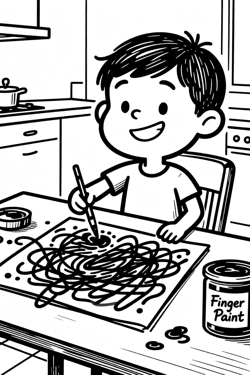 A child proudly finger-painting a colorful, messy masterpiece at a kitchen table.